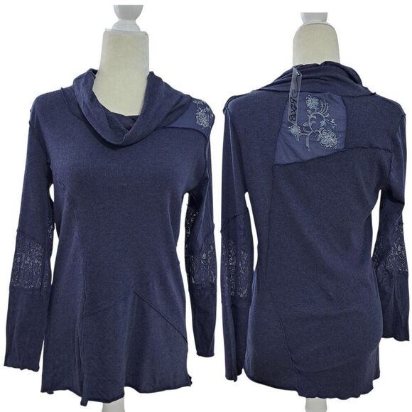 RXB Women's Patchwork Raw Seems Cowl Neck Lace Insert Midnight Blue Top Sz L - Picture 2 of 7